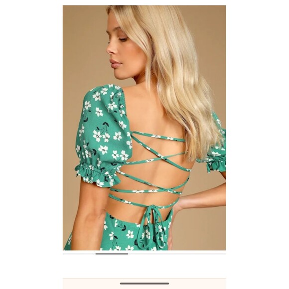 Lulus Women's Baby Doll Lace Up 90s Mini Dress Green Floral Blooming Bouquet S - Picture 2 of 9